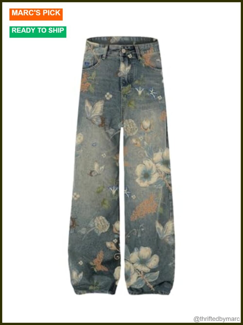 Baggy Wide Leg Jeans with Floral Print Y2K Hip Hop Streetwear Denim